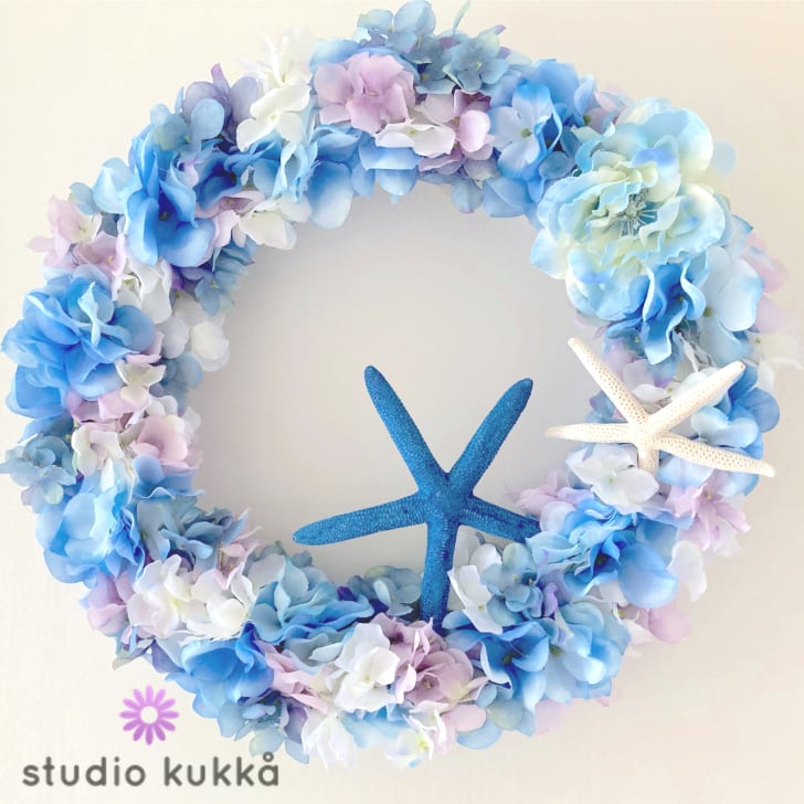 送料無料 直径33cm♡ブルーパープルのグラデーションアジサイ　サマーリース　ヒトデ 紫陽花 夏 | studio-kukkå スタジオクッカ  powered by BASE