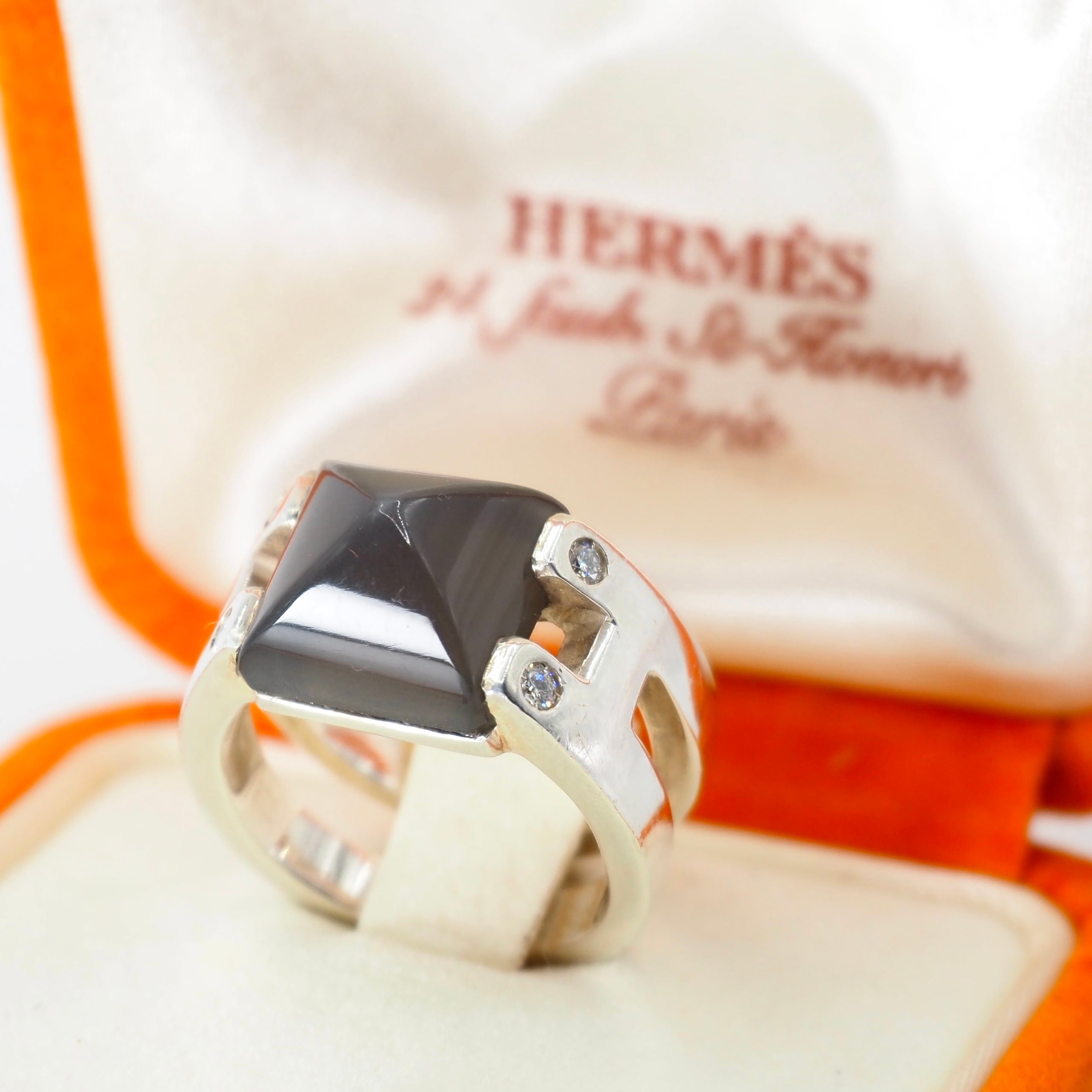 HERMES 約12号 メドール ダイヤモンド 4P リング シルバー925 エルメス 付属品付き