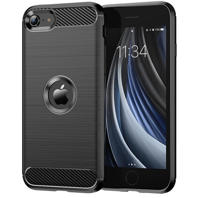 FINON for iPhone SE3 用 ケース iPhone SE2 用 ケース カバー スマホケース カーボン デザイン 指紋防止 薄型 軽量 耐衝撃 簡易脱着 ソフトケース (ブラック)