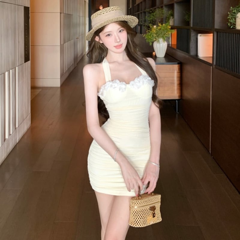 ミニドレス レディース ホルターネックワンピース シャーリングデザイン タイトシルエット レース切替 フェミニン セクシー 韓国風 ギャル系 デート パーティー 夏コーデDQ2-WDS6117