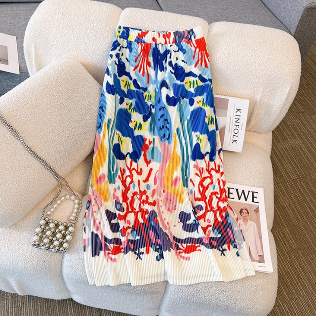 ocean abstract pleated midi skirt<sk1706>