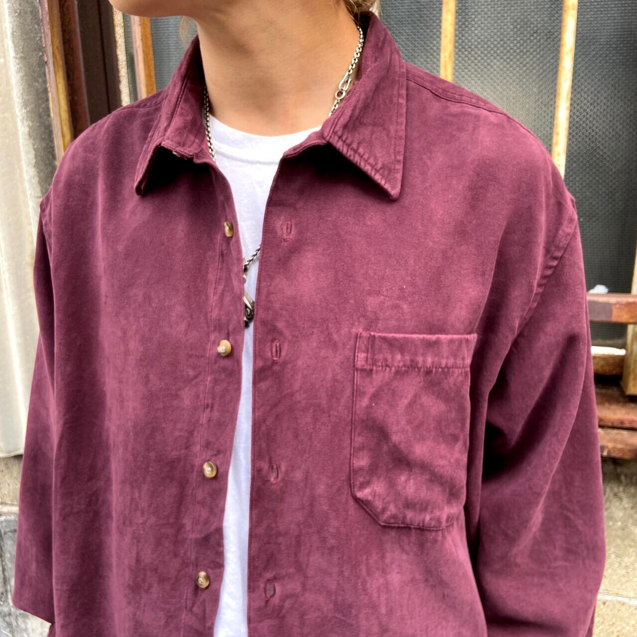 COVINGTON 長袖 フェイクスエードシャツ メンズXL 古着 ワイン COVINGTON 長袖 フェイクスエードシャツ メンズXL 古着 ワイン