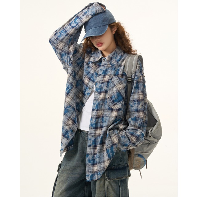 distressed tie-dye check shirt　ダメージタイダイチェック柄シャツ　J1016