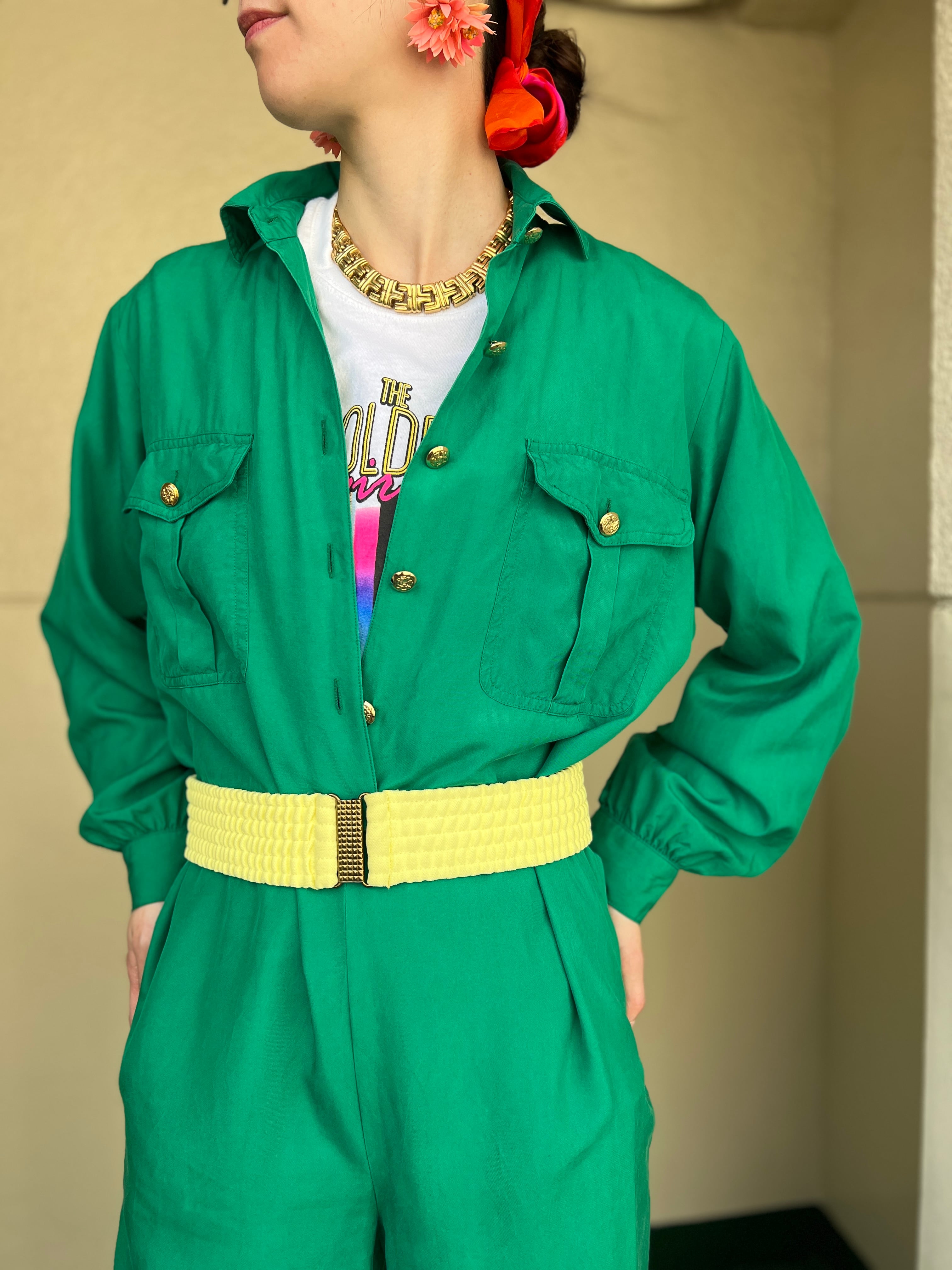 80s green silk simple jumpsuits ( ヴィンテージ グリーン シンプル