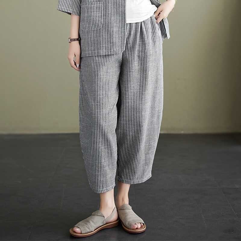 プラスサイズ コットン ストライプセットアップ パンツセットアップ