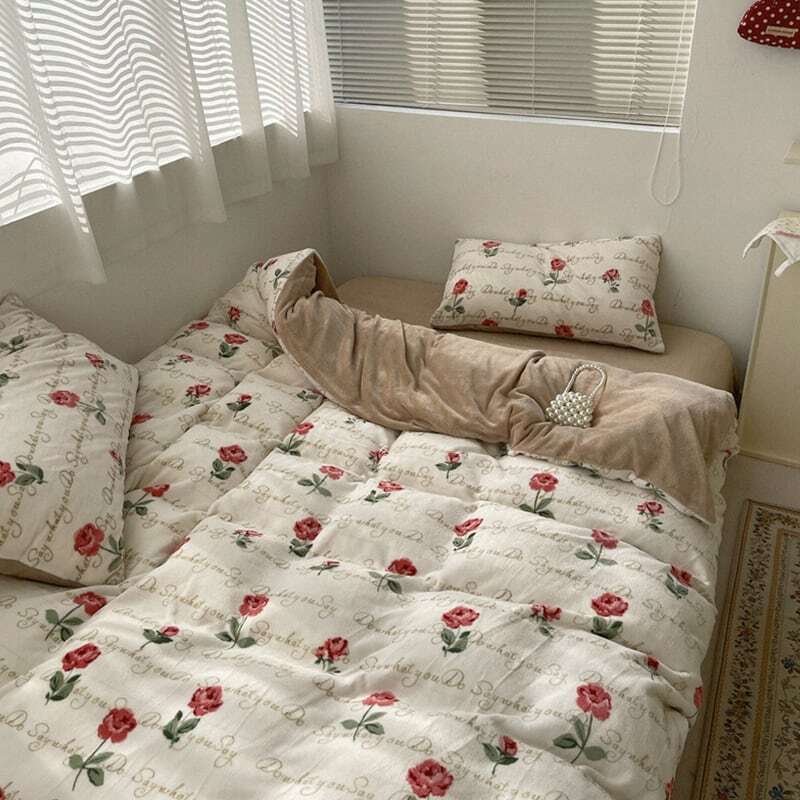 【SHEETSET】秋冬レトロサンゴフリースローズロゴベッドカバーセット