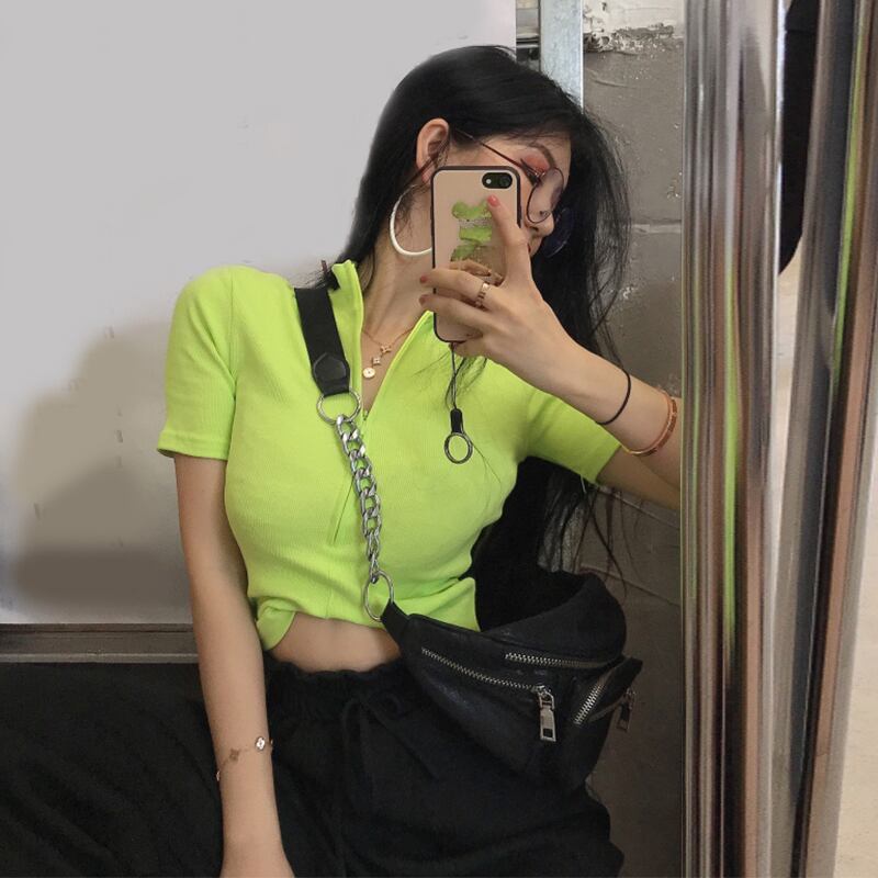 ヨーロッパとアメリカ2020新しいタイトフィットスリム半袖ジッパースタンドアップカラーハイウエストショートクロップド蛍光グリーントップTシャツ女性 YY-ファッション97486329062