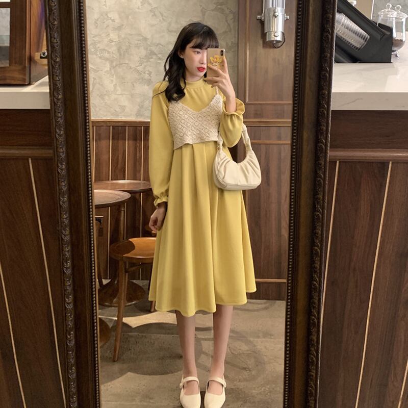 スリーブプリーツドレス スプリングスタンダードニットジャカード レトロ 春物 YY-ファッション2307488171