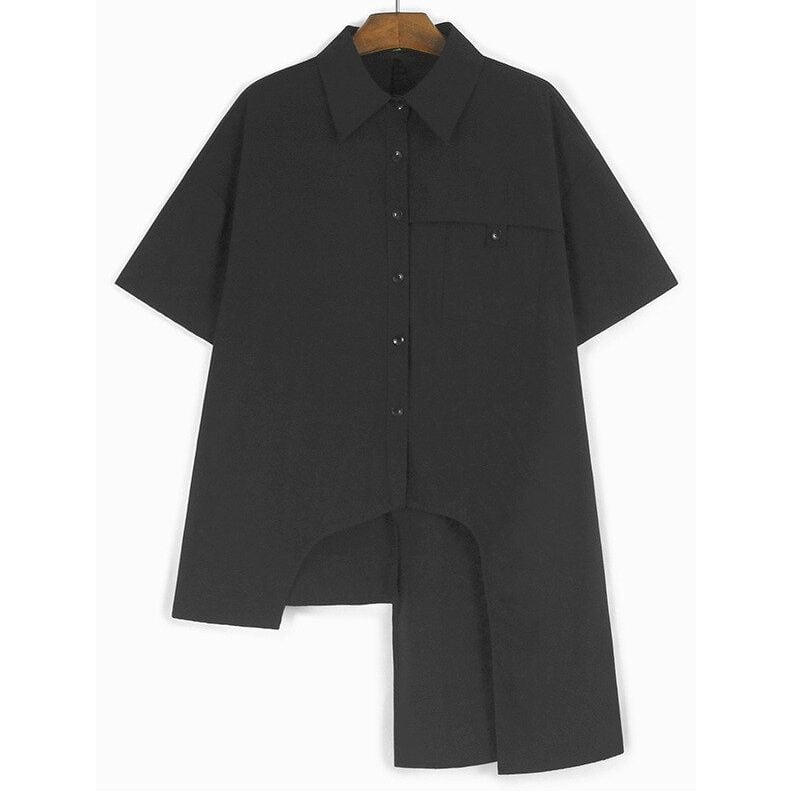 BLACK ASYMMETRIC DESIGN HALF SLEEVES SHIRT 1color M-14068