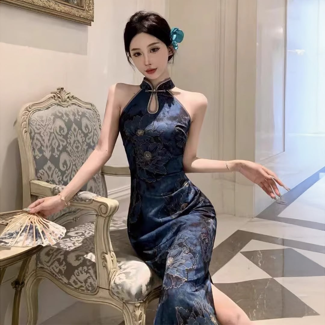 花柄 ホルターネック風ロングチャイナドレス アオザイ チャイナドレス