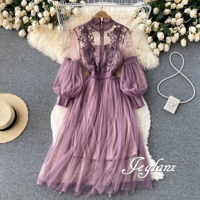 6色 レース 刺繍 シアー ワンピ 長袖 ドレス ギャザー 肌透け ♪(MB664)ζ☆