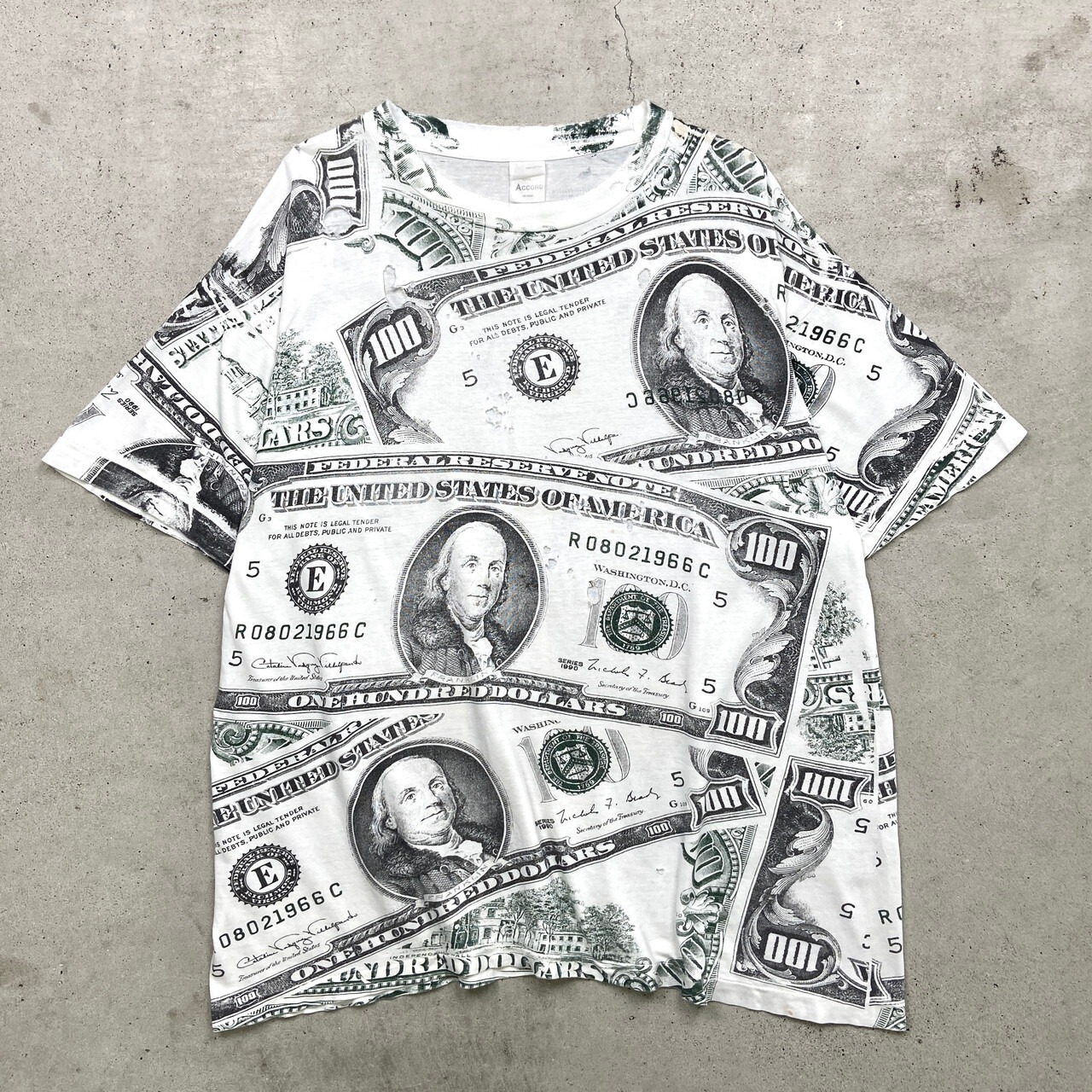 90年代 100 Dollar Bill 旧100ドル札 ベンジャミン・フランクリン オールオーバープリントTシャツ メンズXL相当 古着 90s  シングルステッチ ヴィンテージ VINTAGE お金 お札 白【Tシャツ】/ホワイト【SS2408-20】 | cave 古着屋【公式】古着通販サイト