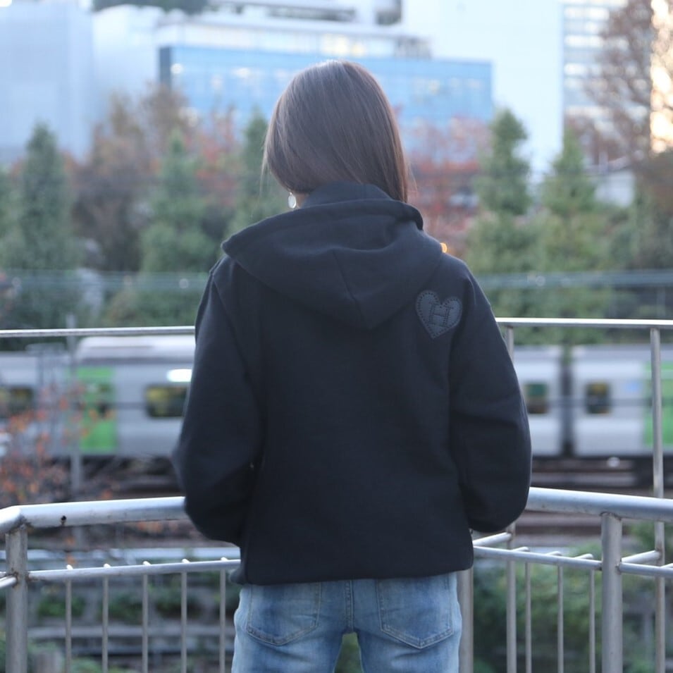 レザーパッチワーク フルジップパーカー ユニセックス対応（Black