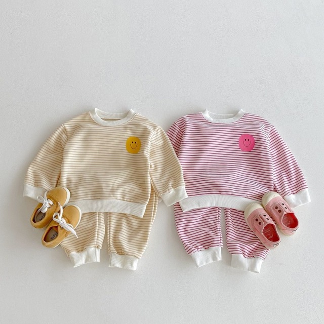 【KID】秋新作スマイルボーダートップス＆パンツ キッズ セットアップ