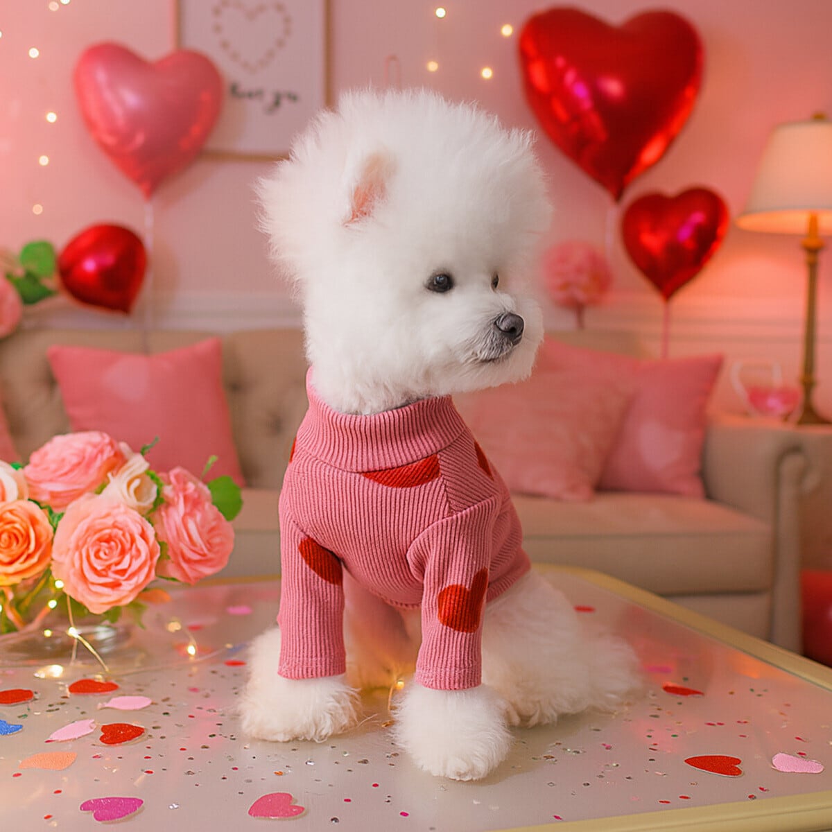 犬服 ハート柄タートルネック長袖ニット トップス ペット服 犬