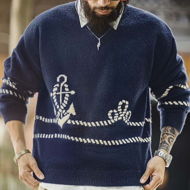 Navy Fleece Knit Sweater / ネイビー フリース ニット セーター