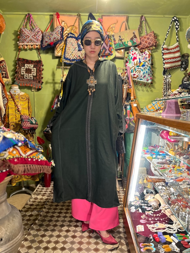 Vintage Autumn moroccan big size dark green foodie dress ( ヴィンテージ モロッコ ダークグリーン フード付き ワンピース )