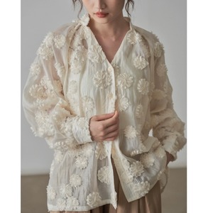 flower embroidery v neck blouse N20545
