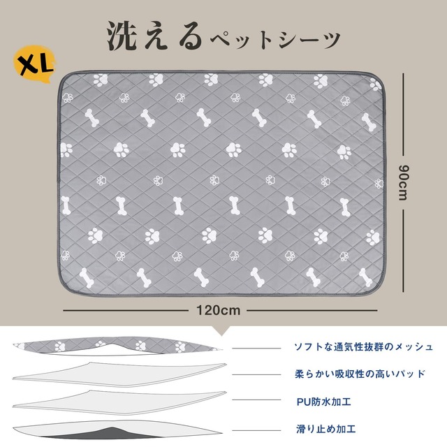 ULIGOTA 洗える ペットシーツ 犬 猫用 おしっこマット ペットマット 下敷きマット 洗える 速乾 繰り返し使える（グレー120×90cm 二枚セット）