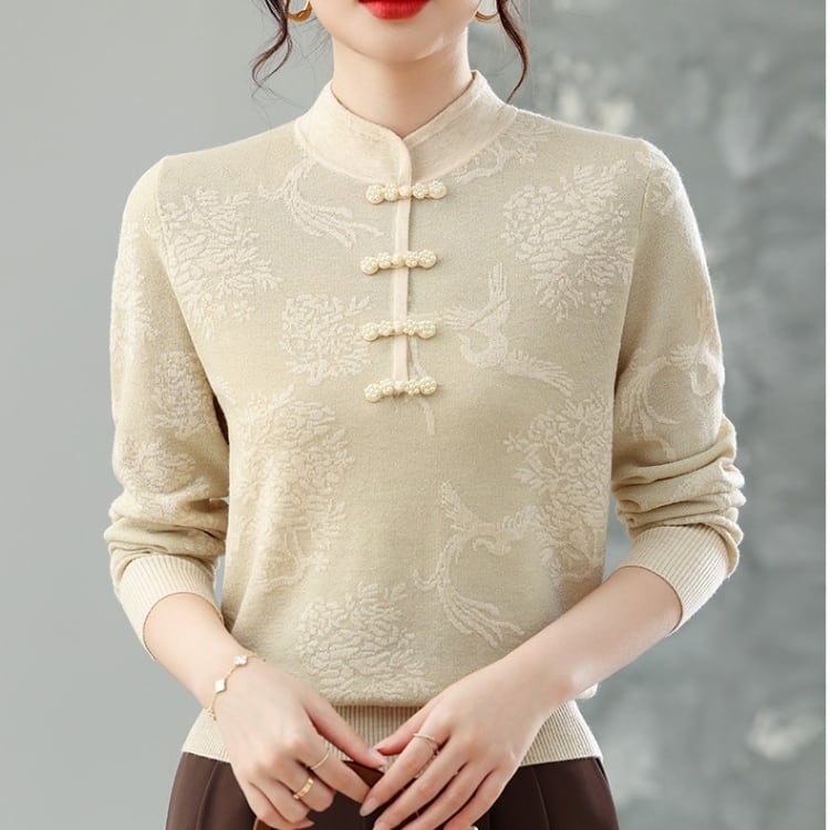 パールチャイナボタン　ジャカードニットトップス　3カラー　YS00155