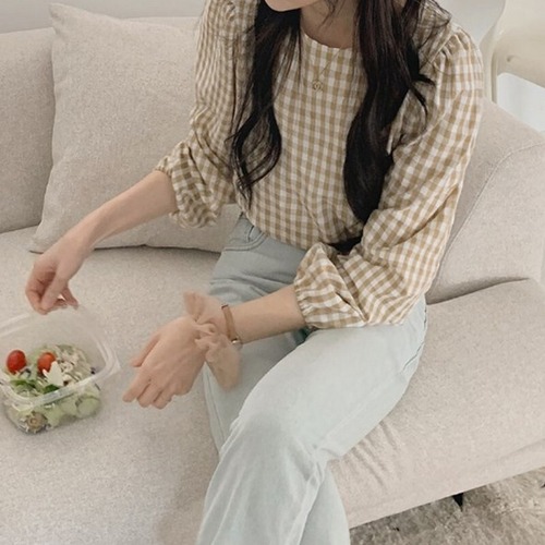 チェック柄ラウンドネックシャツ T-133