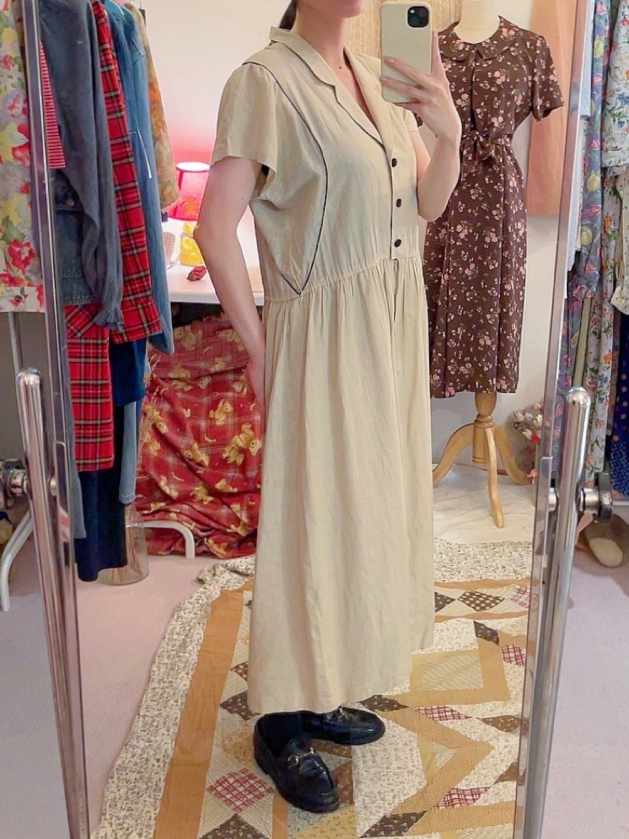beige open collar one-piece