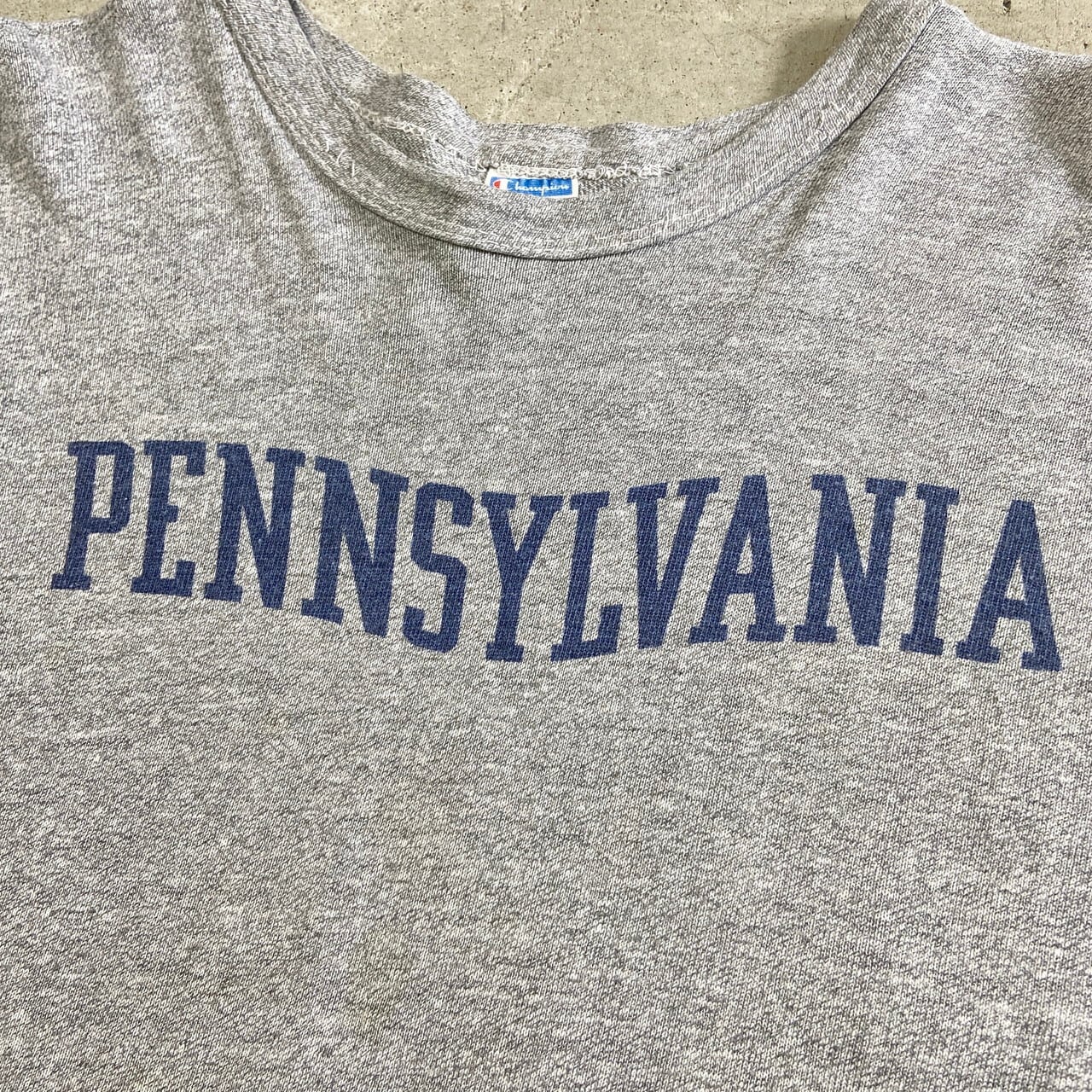 70年代 バータグ Champion チャンピオン PENNSYLVANIA カレッジロゴ 88/12 染み込みプリントTシャツ メンズM相当 古着  70s ビンテージ ヴィンテージ ハチハチワンツーボディー 霜降りグレー 杢グレー 灰色【Tシャツ】 | cave 古着屋【公式】古着通販サイト