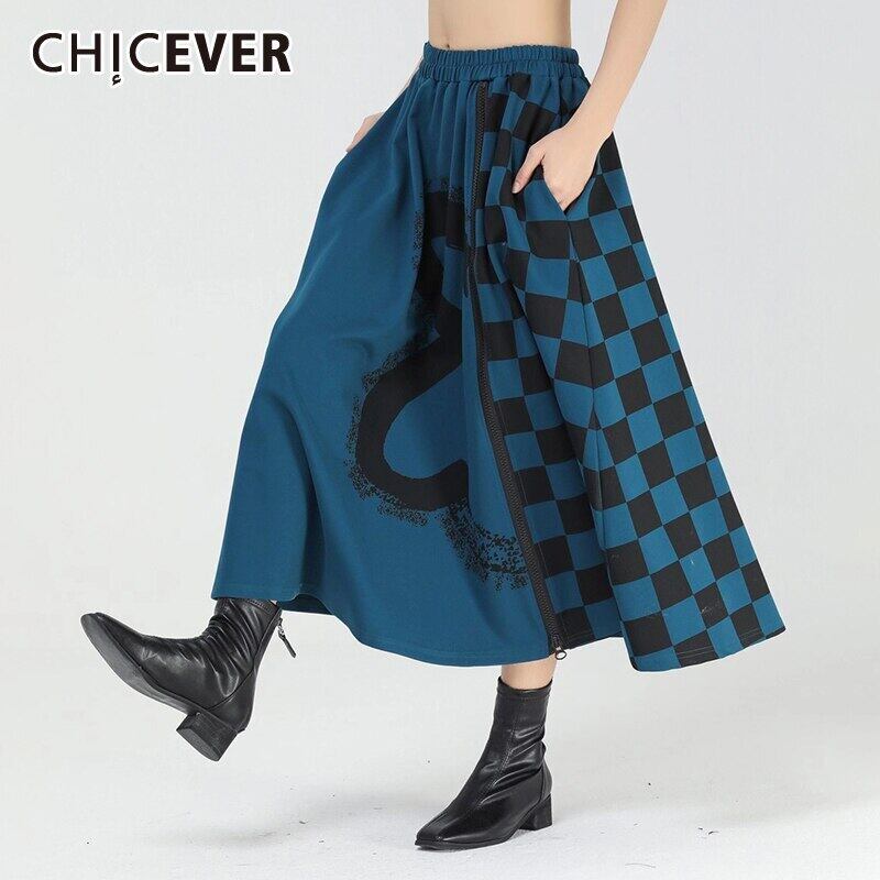 CHICEVERプリントヒットカラースカートレディースウエストルーズオーバーサイズAラインミッドドレス2021秋 6base575566427154