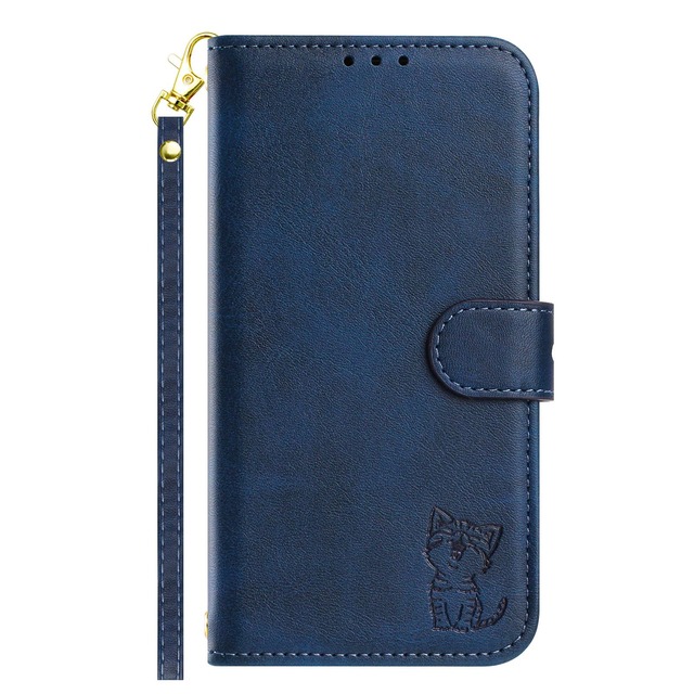 SENNWAK 適用するiPhone 17ケース 手帳型 適用アイフォン17用ケース case ネコちゃん ストラップ付き スタンド機能 ネイビー