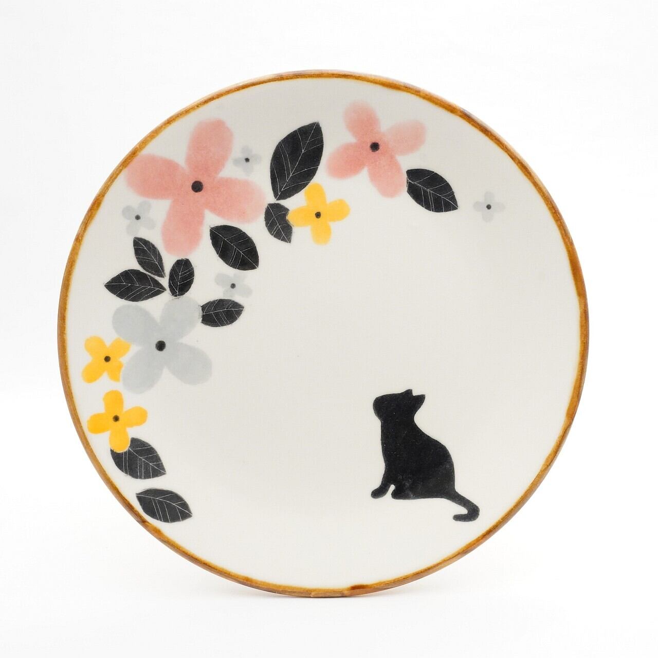 【久保島 利恵】黒猫花大皿ピンク約20cm A-14
