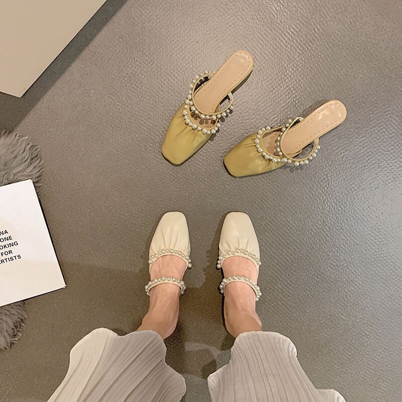 レディースサマーレッドパールサンダルミュール 靴 シューズ 夏物 真珠 フェイクシューズ48091784019