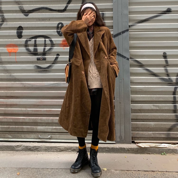 大人 カジュアル コーデュロイ ジャケット トレンチコート アウター レディース ミディアムロング丈 体型カバー 長袖 ブラック ブラウン ゆるカジ リラックス レトロ ゆったり シンプル シック 男ウケ デート服 楽ちん 韓国ファッション 通販 秋 冬 Pure Fragrance