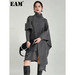 Turtle-Neck Asymmetry Knit Dress【E0257】