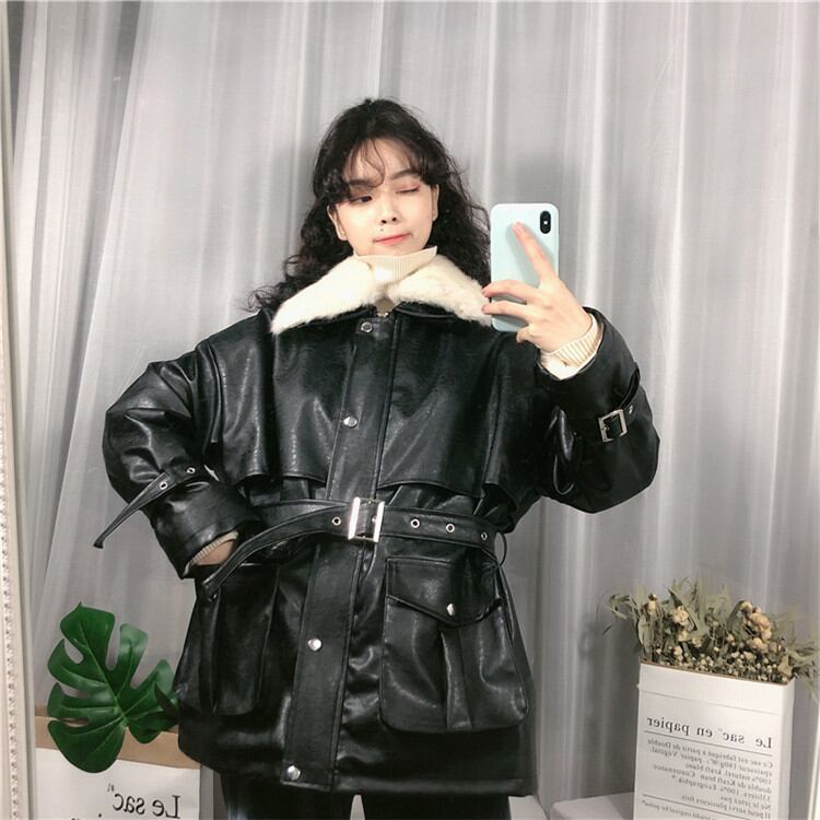 秋SALE おしゃれな puレザー コートレース スリムウエストファーカラー 裏起毛 厚くするレザー