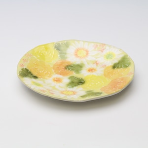 黄彩色絵花　ケーキ皿 [16.7×14.3cm]【陽だまりの小さなお茶会】