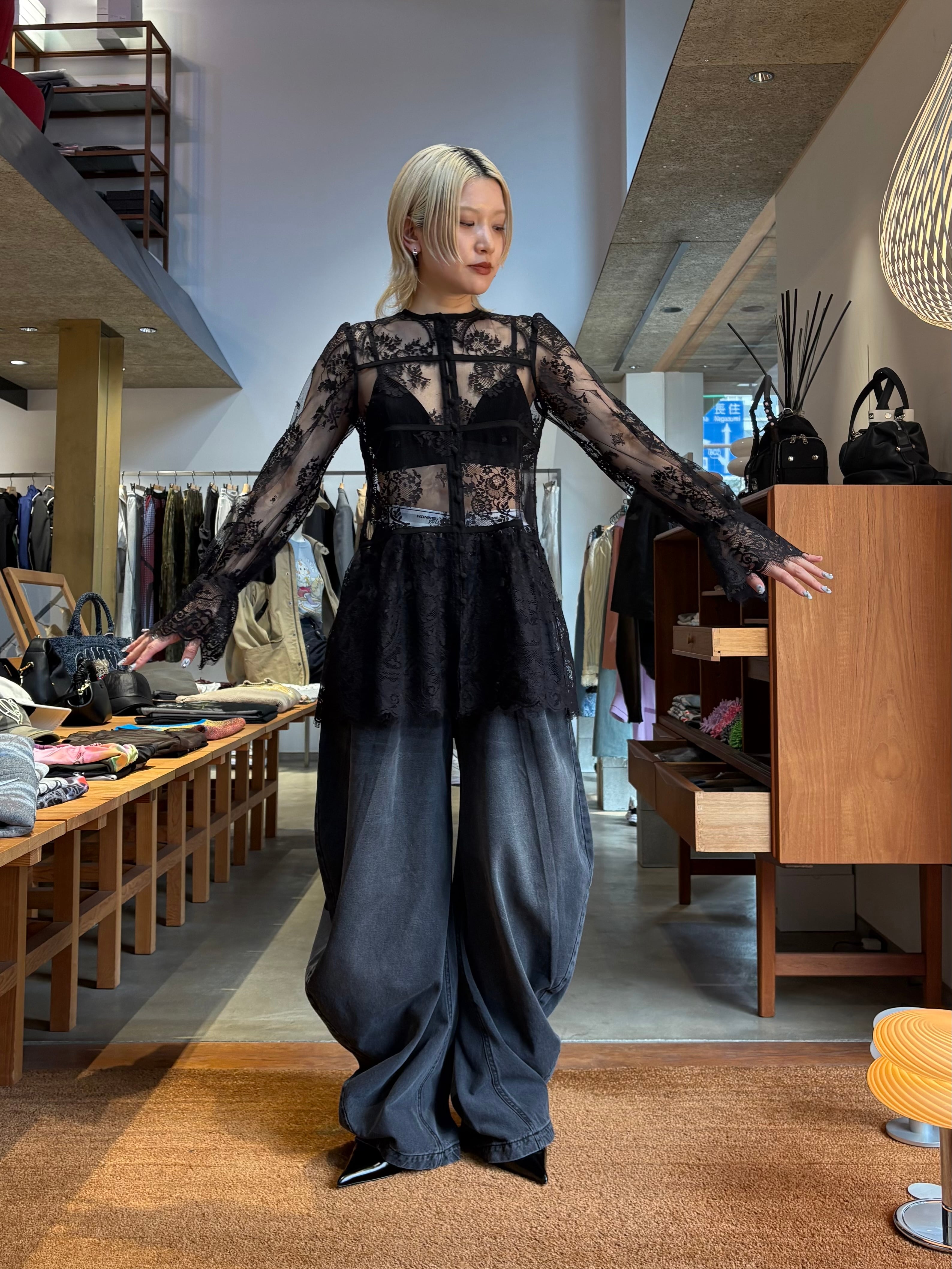 26SS】FETICO フェティコ /レースギャザーブラウス / LACE GATHERED