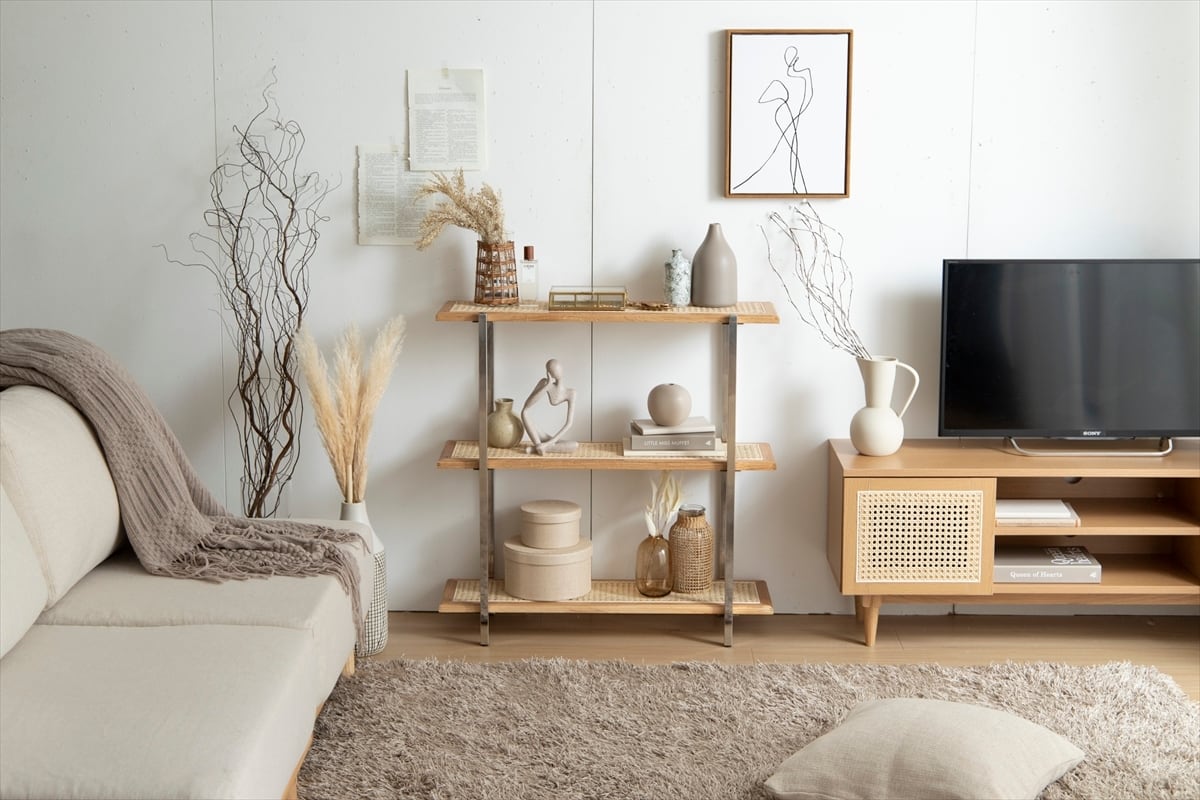 送料無料】【幅80cm】Komero ラタン3段シェルフ 天然木 オーク高品質