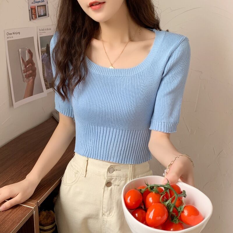 サマースタイル半袖スリーブスリムフィットカラープルオーバー ニットトップス レディース ショート ハーフスリーブ 夏物 ピュア スクウェア ハンチェンe18948946534