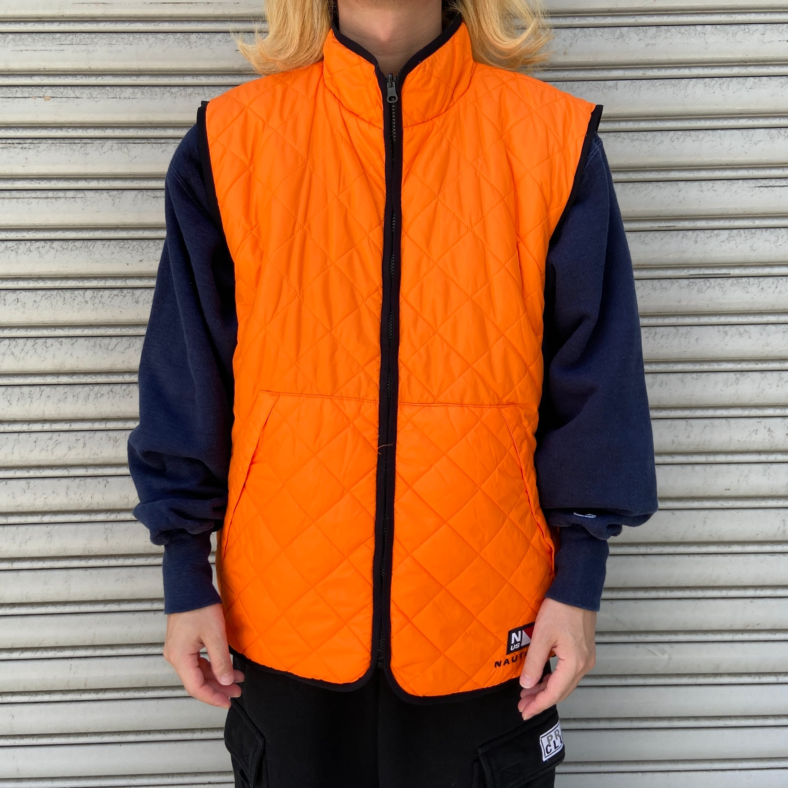 90s nautica キルティングリバーシブルベスト オレンジ カーキ XL ...