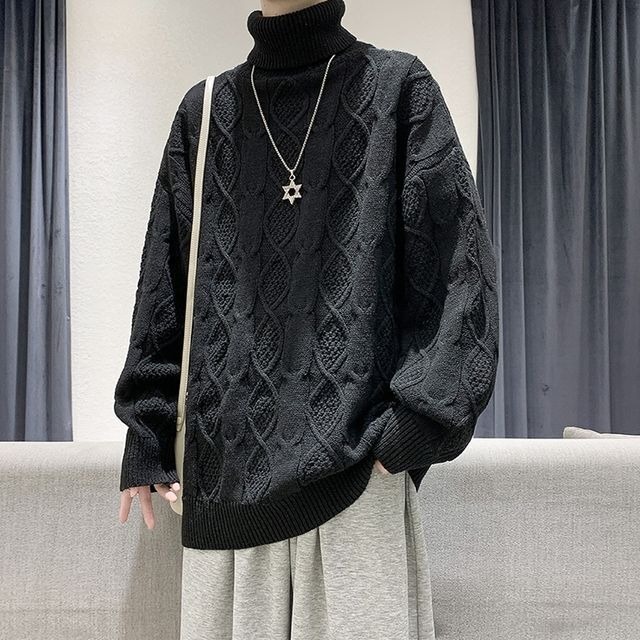 予約販売】ニット 無地 タートルネック ケーブルニット オーバーサイズ 
