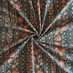 ブロックプリント生地【50cm単位】インド綿 ストライプ/花柄 グリーン×黄土色×オレンジ #57227-GR2