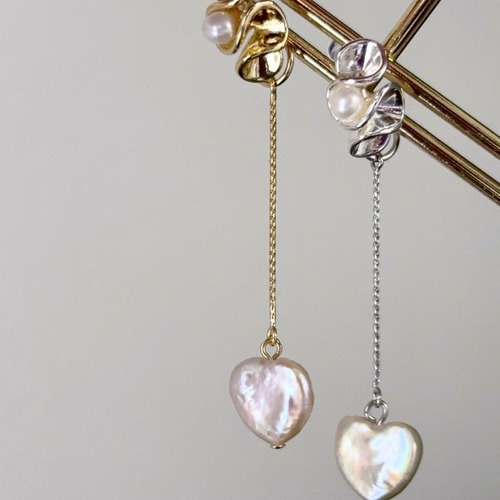 Frill heart pearl earring [2way] -gold/silver-