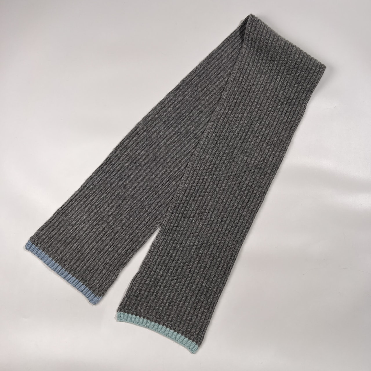 カシミヤ100% Mademoiselle NON NON マドモアゼルノンノン カラー入り ニット マフラー /グレー/日本製/パパス/水色×グレー