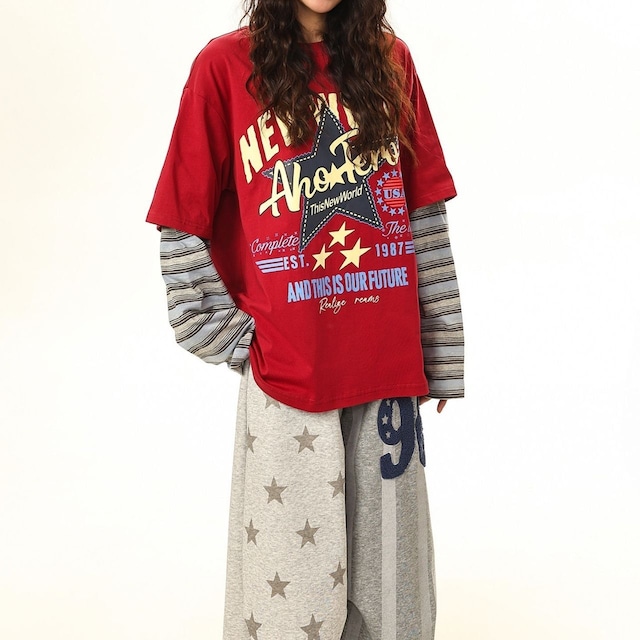 スターグラフィックレタリングレイヤードTシャツ 2col   R01769