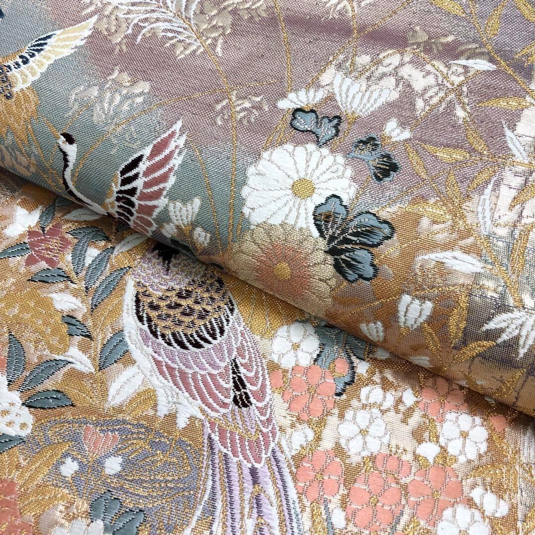 袋帯 九百本金弐重織 献上波花鳥 季節の美しい花模様に鳥 金糸 O-3299