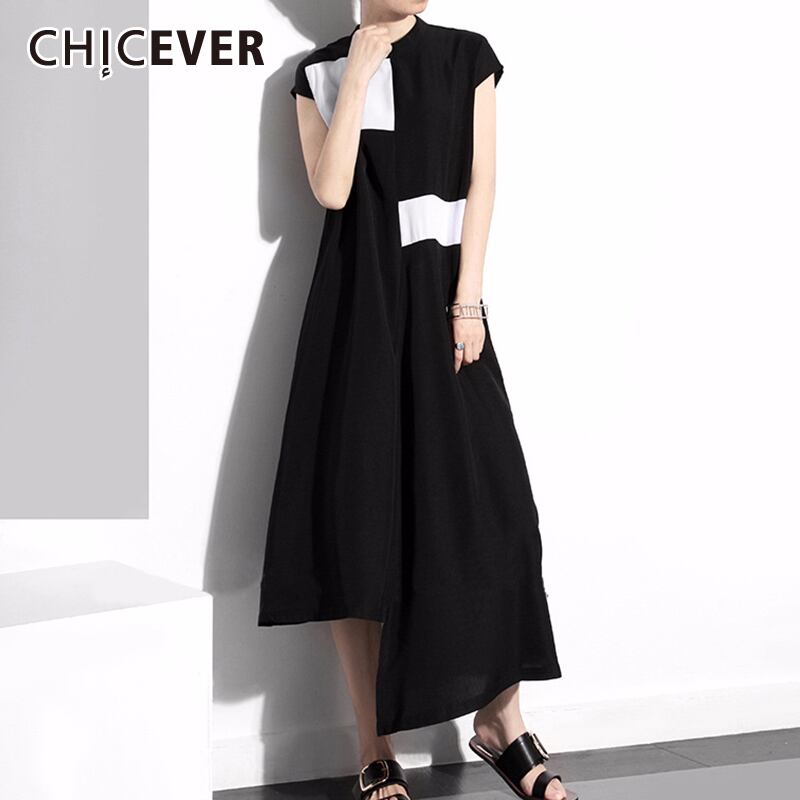 CHICEVERレディースドレススタンドカラー半袖ウエストルーズアシンメトリーミディサマードレス2020 ショート ハーフスリーブ 夏物 6base524494923261