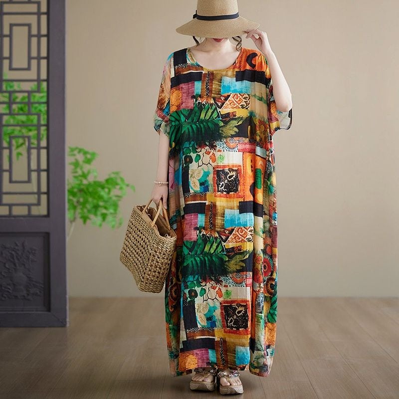 BATWING SLEEVES PRINT RELAXED LONG COTTON DRESS M-17385