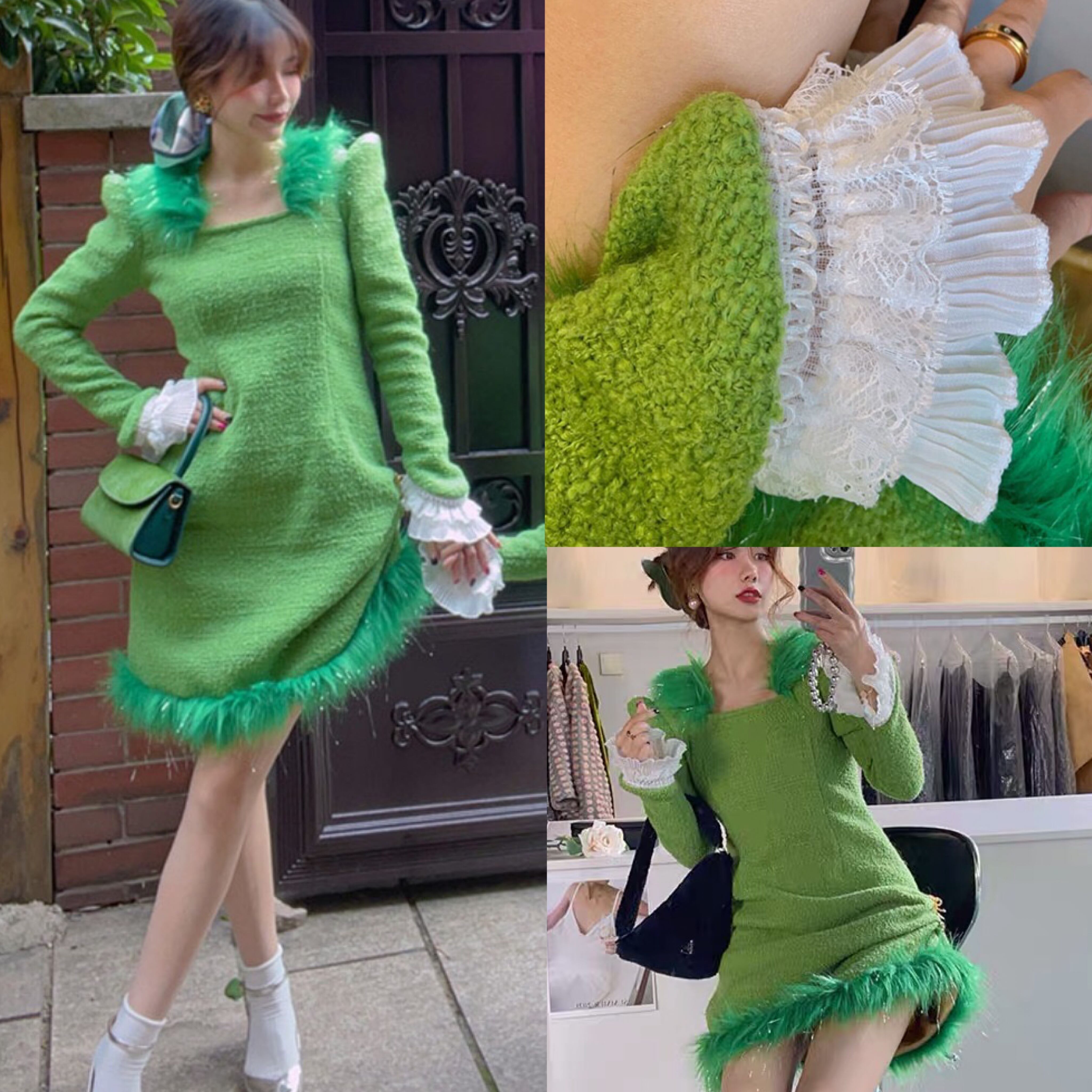 ワンピース ツイード 緑 ワンピース チェック 黄色 ファー 可愛い 姫