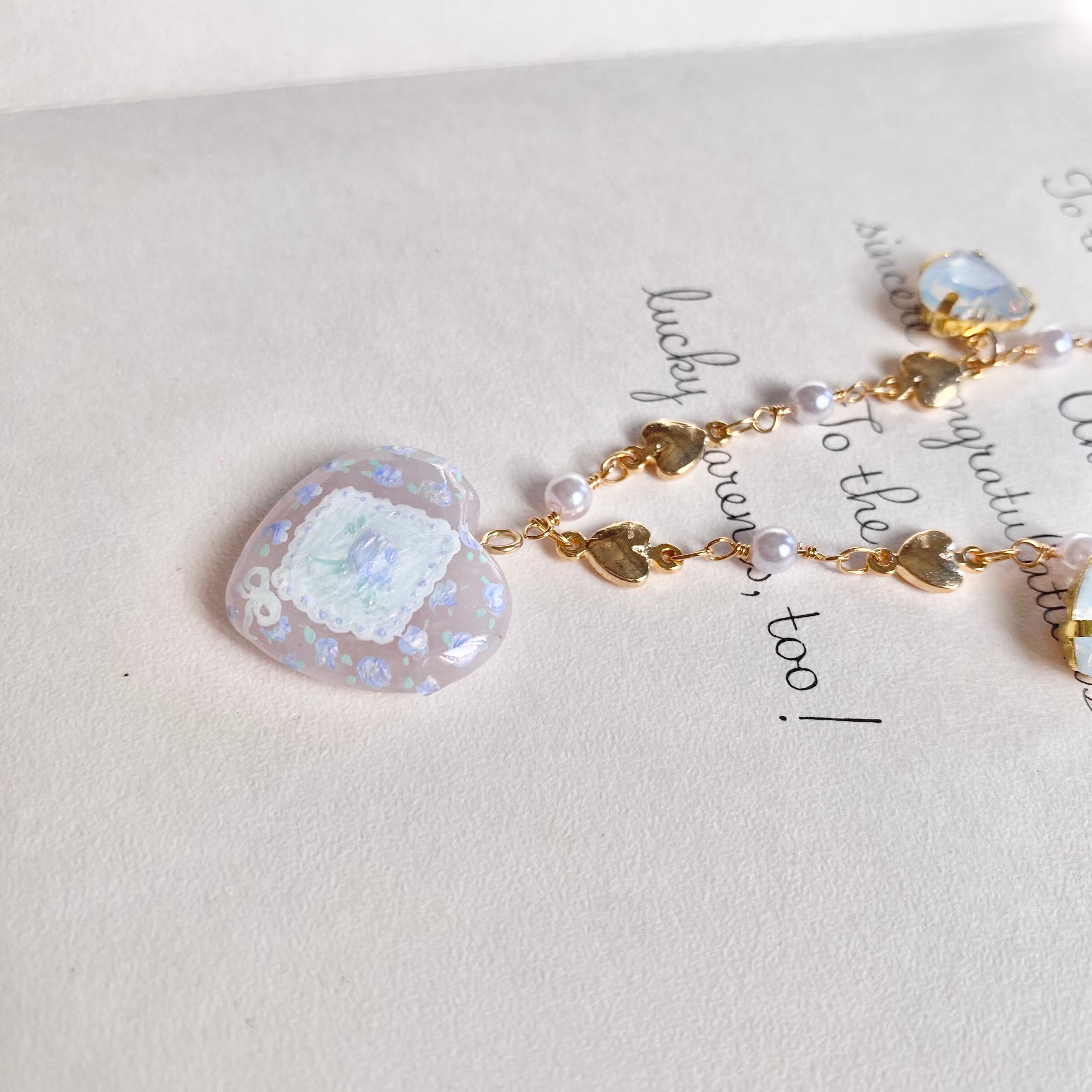 Hand painted heart stone neckless ペイントハンカチ柄ネックレス(BLUE)