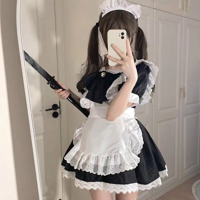 メイド服 ワンピース エプロン カチューシャ リボン フリル セットアップ 4点セット メイドカフェ  原宿スタイル